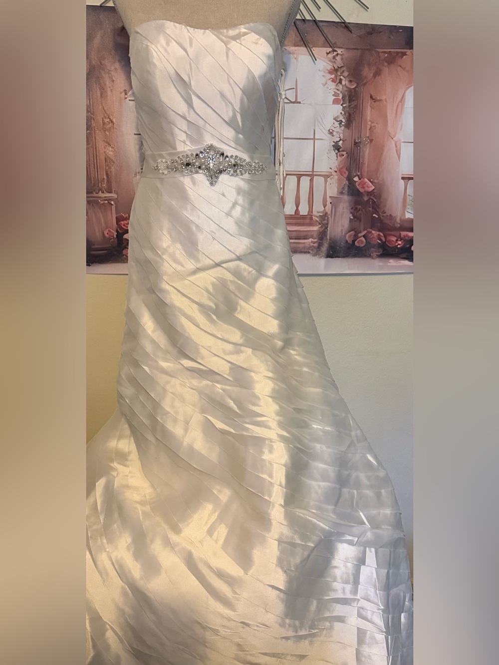 Strapless White Satin Wedding Gown with Beaded Waist Ribbon